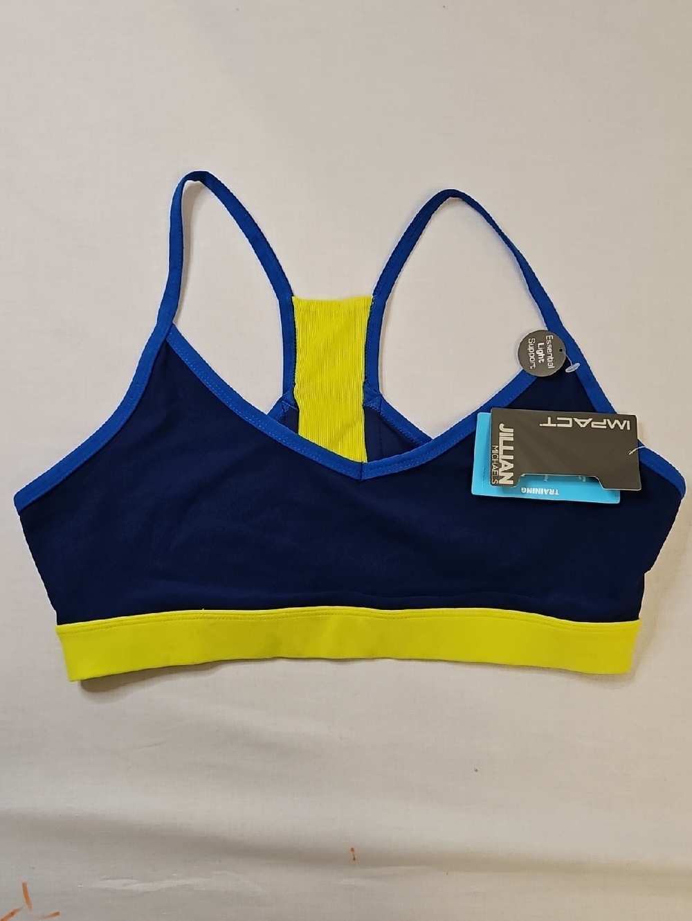 Jillian Michaels Impact Blue/Yellow Sports Bra, Size Large, NWT